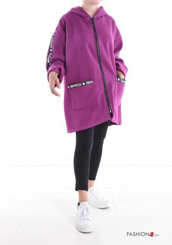Felpa in Cotone Fantasia scritta con zip con tasche con cappuccio - ph 1