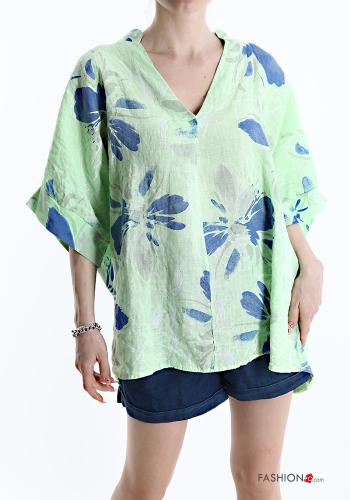 Blumenmuster Bluse aus Leinen mit V-Ausschnitt - ph 1