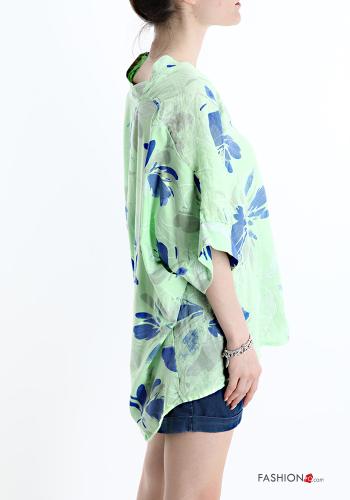 Blumenmuster Bluse aus Leinen mit V-Ausschnitt - ph 3