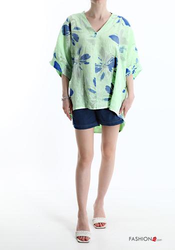 Blumenmuster Bluse aus Leinen mit V-Ausschnitt - ph 5