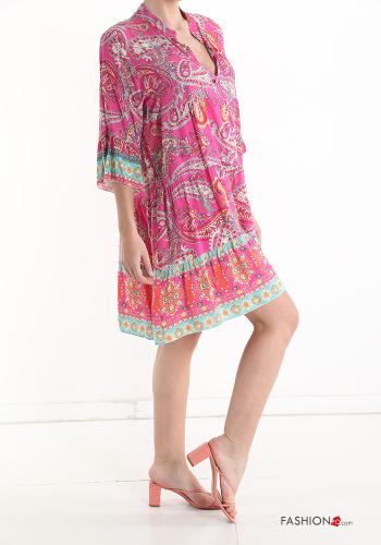 Robe Imprimé jacquard à volants à col en V à boutons - ph 3