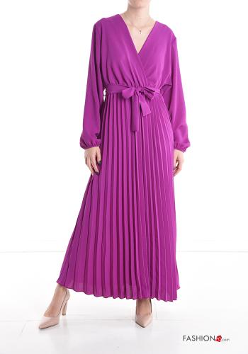 Vestido manga larga con plisado largo con cuello en v con fajín - ph 1