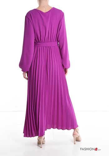 Vestido manga larga con plisado largo con cuello en v con fajín - ph 2
