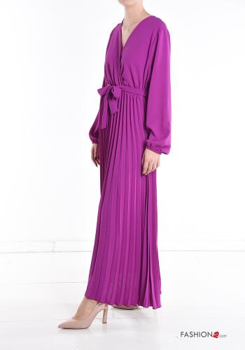 Vestido manga larga con plisado largo con cuello en v con fajín - ph 3