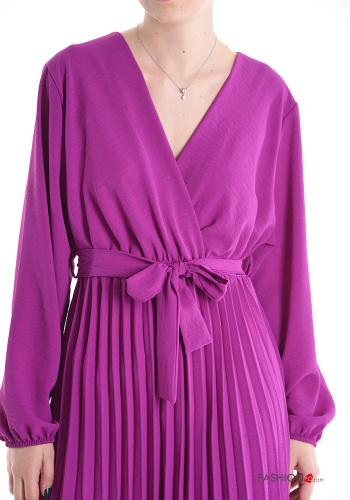 Vestido manga larga con plisado largo con cuello en v con fajín - ph 4