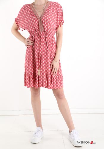 Geometric pattern lace Dress with flounces with v-neck - ph 1