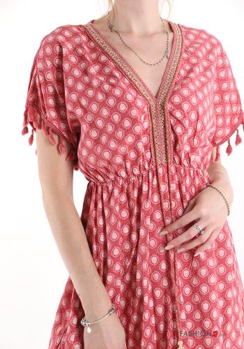 Geometric pattern lace Dress with flounces with v-neck - ph 4