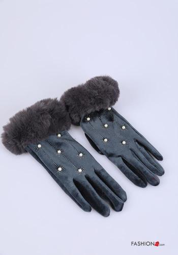 Velvet faux fur Gloves with pearls with rhinestones