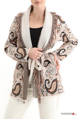 Jacquard print Jacket with belt with fringes - ph 1