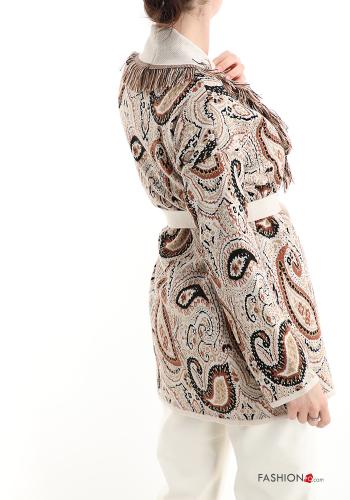 Jacquard print Jacket with belt with fringes - ph 2