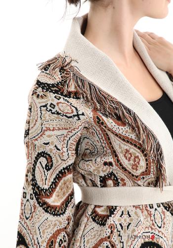 Jacquard print Jacket with belt with fringes - ph 4