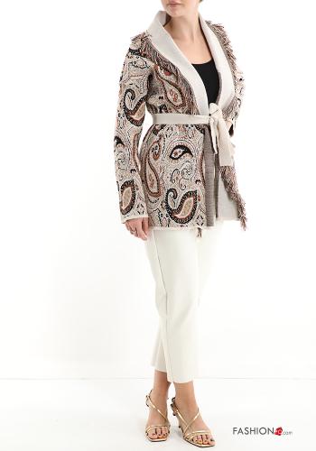 Jacquard print Jacket with belt with fringes - ph 5