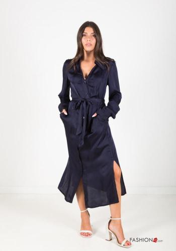 Robe chemise longue à col en V avec ceinture écharpe avec poches