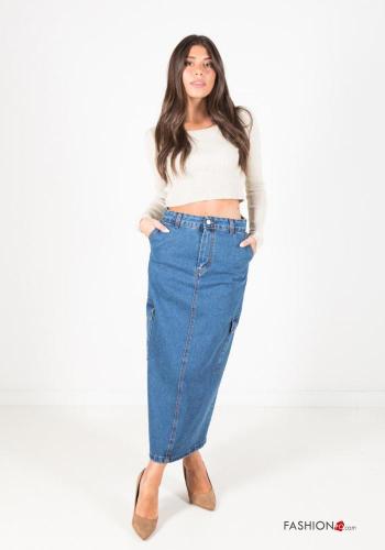 Jupe en Coton en denim Longuette avec poches avec fonte - ph 1