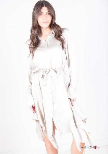 long sleeve asymmetrical satin Shirt dress with sash