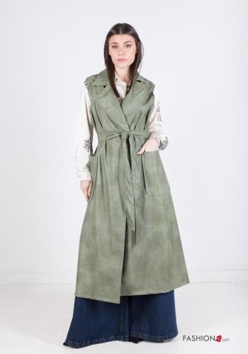 faux leather long Gilet with belt with pockets