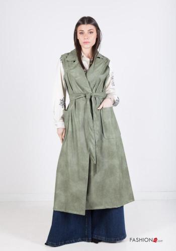 faux leather long Gilet with belt with pockets - ph 1