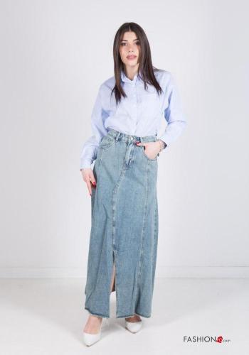 denim Longuette Cotton Skirt with pockets