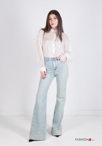 Jeans in Cotone vita alta wide leg con tasche
