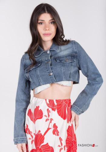 Denim mit kragen kurz roher saumabschluss Jacke aus Baumwolle mit Knöpfen mit Taschen - ph 1