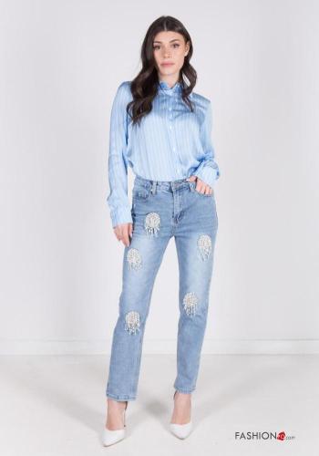 Cotton Jeans with pockets with rhinestones