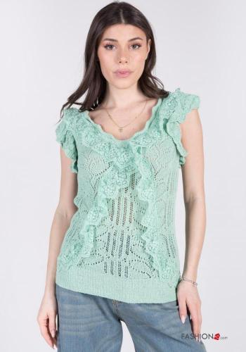 Embroidered short sleeve Cotton Blouse with flounces with v-neck