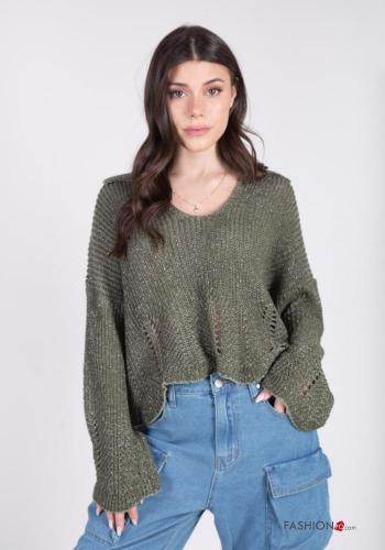 extra long sleeve with collar lurex Cotton Sweater with v-neck