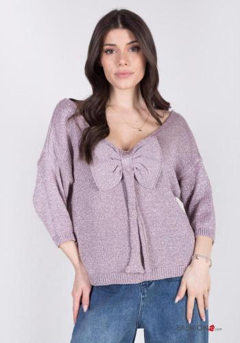 lurex Sweater with bow 3/4 sleeve with v-neck