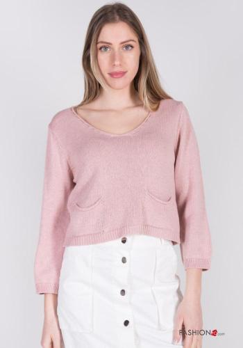 mini Cotton Sweater with pockets with v-neck