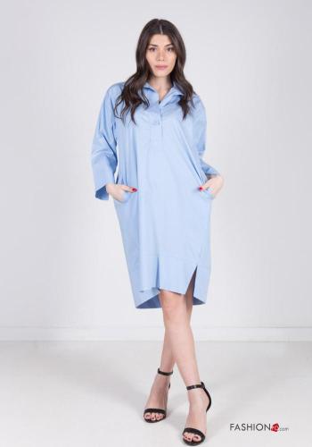 long sleeve with collar knee-length Cotton Dress with buttons with pockets