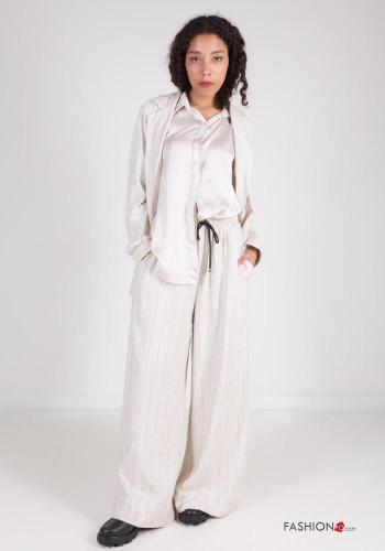 Striped Linen Trousers with pockets with elastic with bow