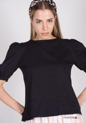 puff sleeve crew neck Cotton Blouse with split