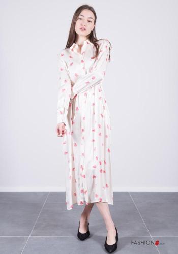 Patterned long sleeve with collar long Shirt dress with buttons with fabric belt