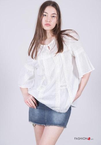 Embroidered crew neck Cotton Blouse with flounces 3/4 sleeve