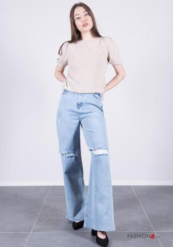 Jeans in Cotone wide leg strappati con tasche con bottoni con zip