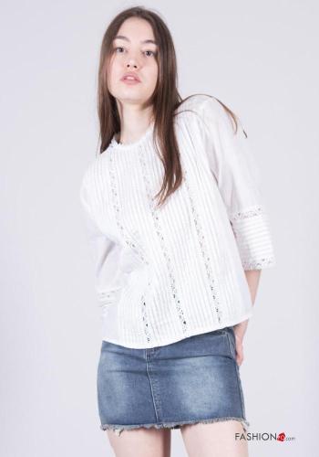 Embroidered crew neck Cotton Blouse 3/4 sleeve