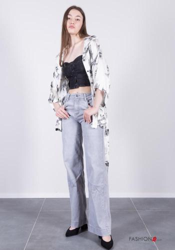 Denim wide leg Jeans aus Baumwolle mit Knöpfen mit Reißverschluss mit Taschen - ph 1