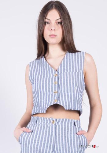 Striped sleeveless mini Cotton Gilet with buttons with v-neck - ph 1