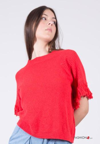 Embroidered short sleeve crew neck Cotton T-shirt with fringe