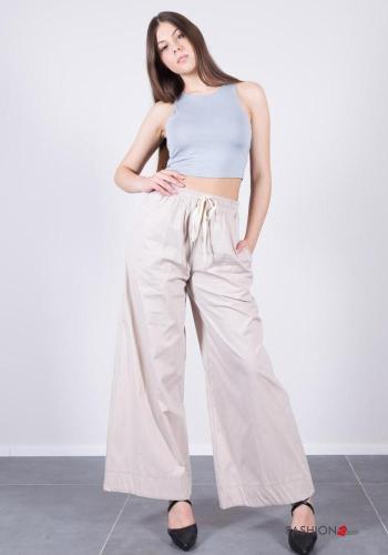 wide leg Cotton Trousers with drawstring with elastic with pockets