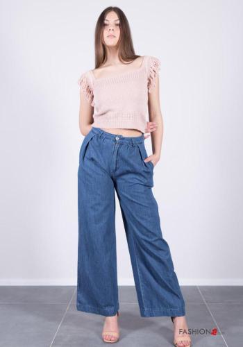 denim wide leg Cotton Jeans with buttons with zip with pockets