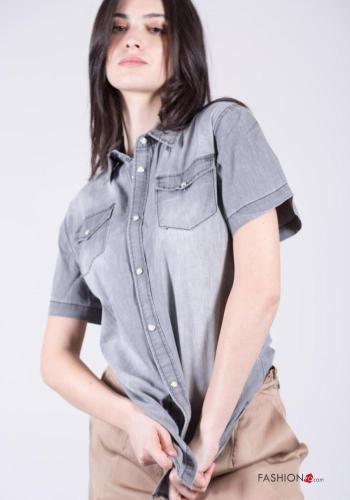 denim short sleeve Cotton Shirt with buttons with pockets - ph 1