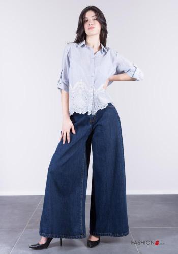 Camicia in Cotone con colletto Fantasia righe in pizzo sangallo con bottoni con tasche - ph 1