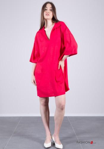 mini with collar Linen Dress with pockets 3/4 sleeve with v-neck