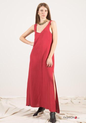 sleeveless backless Linen Dress with split plunging neckline - ph 1