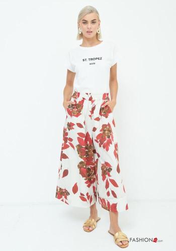 Calças em Algodão wide leg Estampado folhas com bolsos com elástico - ph 1