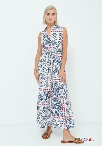 Floral long with collar Cotton Sleeveless Dress with fabric belt - ph 1