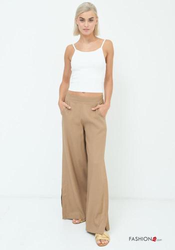 Pantalone in Lino wide leg con spacco con tasche con elastico - ph 1