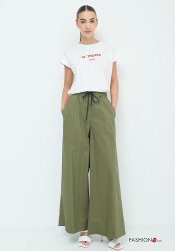 Pantalones de Algodón wide leg con cordón con bolsillos con elástico