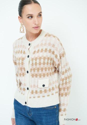 Geometric pattern crew neck Wool Mix Cardigan with buttons - ph 1